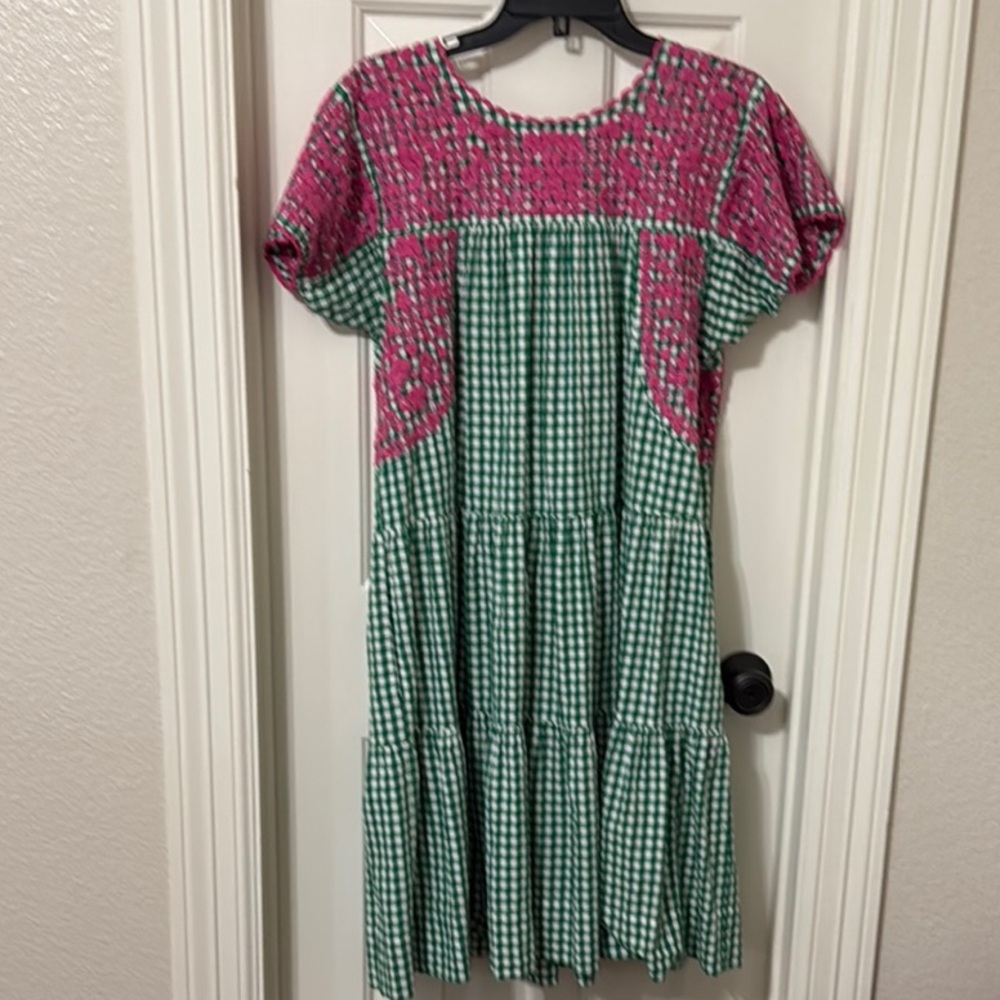 Pink and Green Flutter Sleeve Casual Dress
